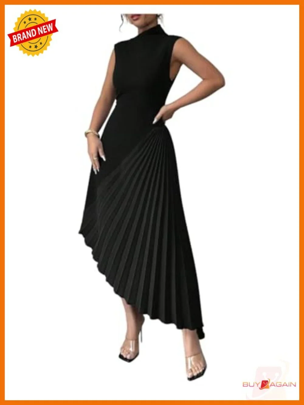 Pleated Maxi Dress Mock Neck Sleeveless Asymmetrical Cocktail